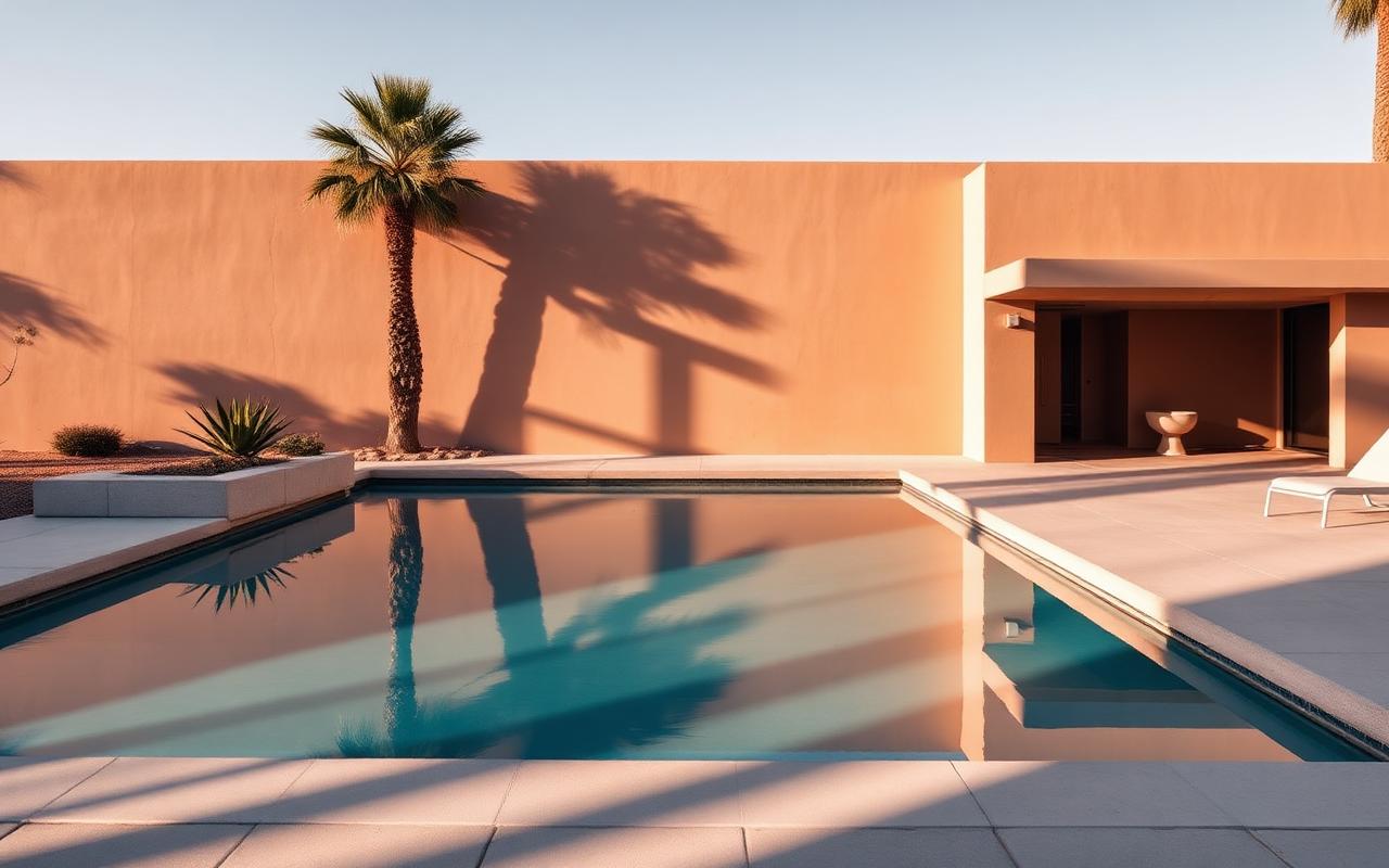 A modern desert home at golden hour